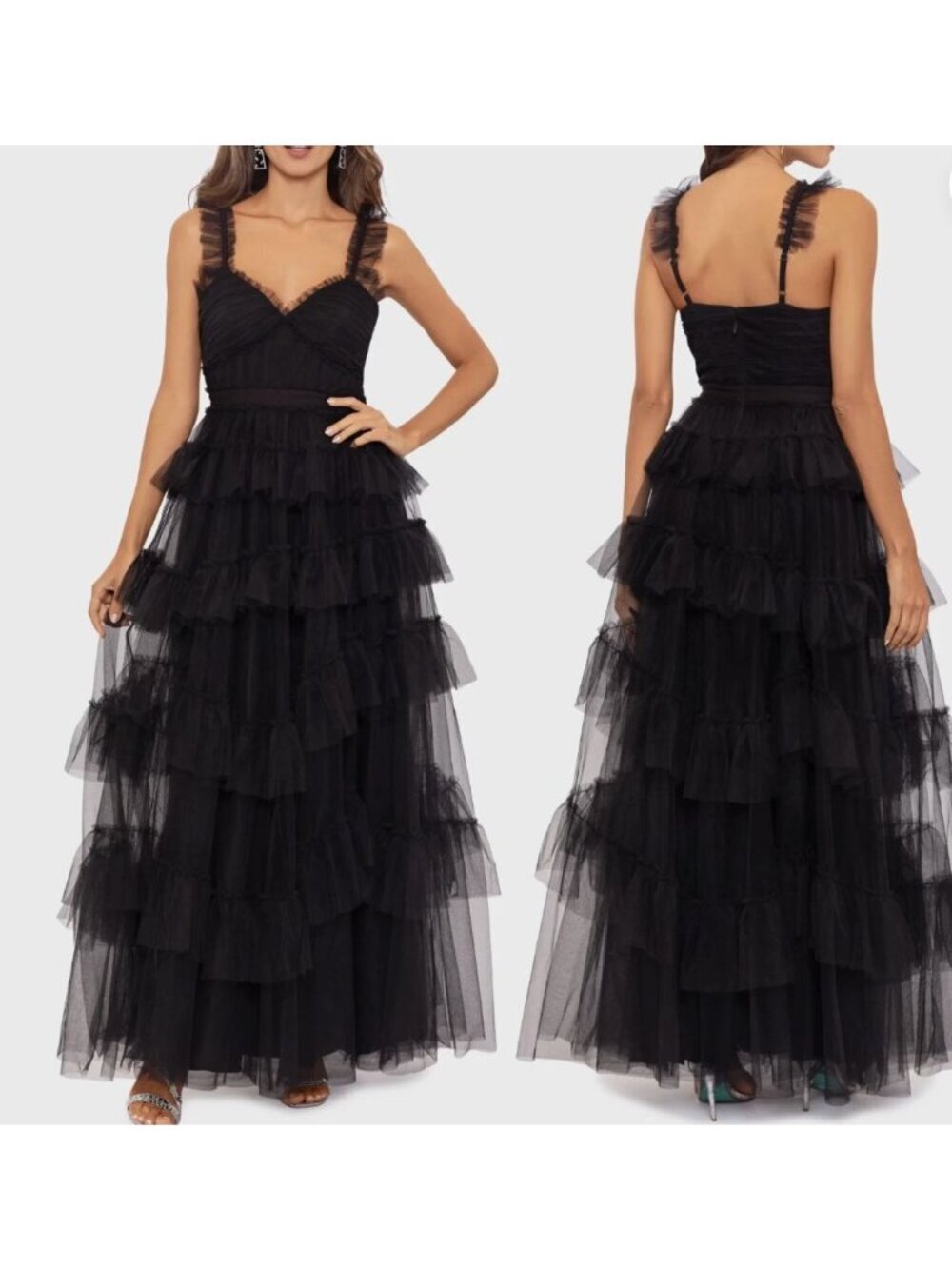 New Betsy Adam Women's Size 10 Black Tiered Tulle Maxi Dress